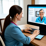 A professional woman, fully clothed in modest business attire, is seated at a desk, engaging in a telemedicine consultation via a tablet in a bright, modern home office. Nearby, an elderly person, respectfully dressed in appropriate, comfortable clothing, is gently guided by a family member to use a smartphone for online medical registration in a warm, inviting living room setting. The scene illustrates both convenience and the effort to bridge the digital divide in healthcare access. Perfect anatomy, correct proportions, natural pose, well-formed hands, proper finger count, natural body proportions, safe for work, appropriate content, fully clothed, professional, family-friendly, high-quality, professional photography, realistic.