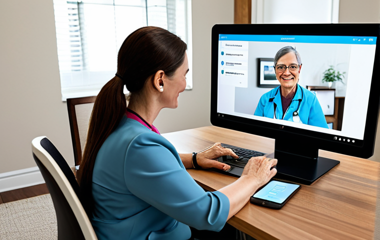 A professional woman, fully clothed in modest business attire, is seated at a desk, engaging in a telemedicine consultation via a tablet in a bright, modern home office. Nearby, an elderly person, respectfully dressed in appropriate, comfortable clothing, is gently guided by a family member to use a smartphone for online medical registration in a warm, inviting living room setting. The scene illustrates both convenience and the effort to bridge the digital divide in healthcare access. Perfect anatomy, correct proportions, natural pose, well-formed hands, proper finger count, natural body proportions, safe for work, appropriate content, fully clothed, professional, family-friendly, high-quality, professional photography, realistic.