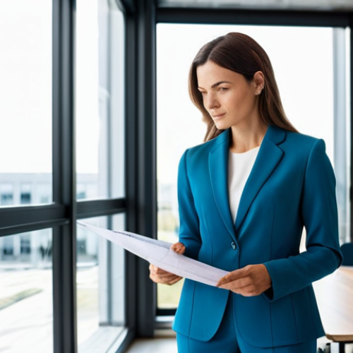 **

A professional female architect, fully clothed in a stylish yet modest pantsuit, standing in a bright, modern architectural office. She is reviewing blueprints with a confident expression. Natural light streams through large windows. Safe for work, appropriate content, professional setting, perfect anatomy, correct proportions, natural pose, well-formed hands, proper finger count, natural body proportions.

**