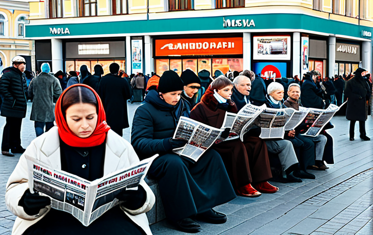 Media Influence**
"A diverse group of people reading newspapers, watching television, and using smartphones in a busy city square, fully clothed in everyday Russian attire, surrounded by advertisements and news kiosks. The scene illustrates the influence of media on public opinion. Safe for work, appropriate content, professional, natural proportions, well-formed hands."
**