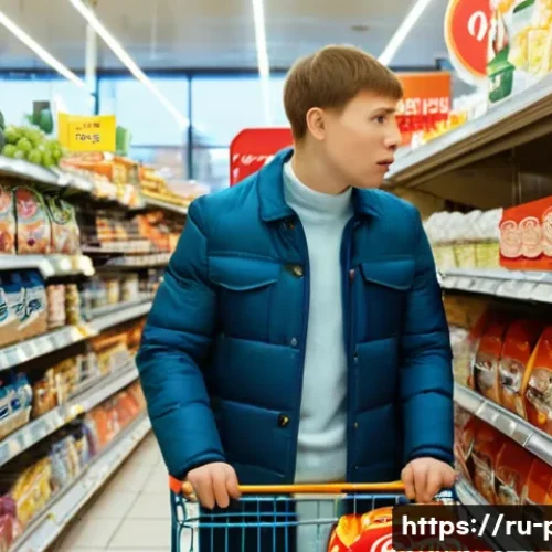 Home 33 정부 역할과 정책 효과성 - **Prompt:** A bustling, slightly chaotic Russian grocery store aisle. On shelves, common food items ...