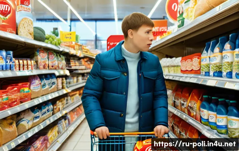 정부 역할과 정책 효과성 - **Prompt:** A bustling, slightly chaotic Russian grocery store aisle. On shelves, common food items ...