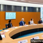Home 20 젠더와 정치 참여 - A diverse group of international politicians in a modern parliamentary chamber, including women and ...