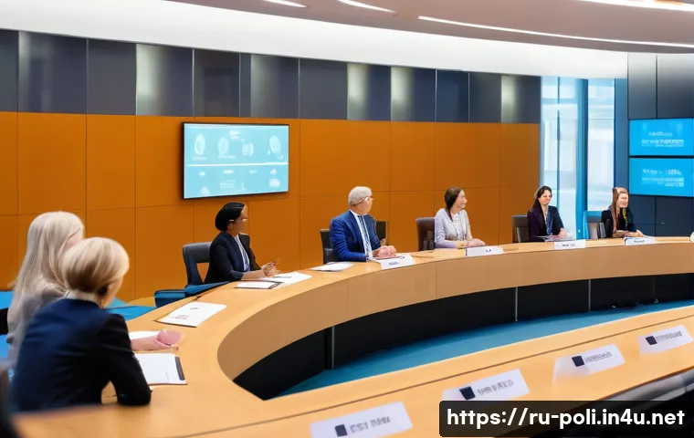 젠더와 정치 참여 - A diverse group of international politicians in a modern parliamentary chamber, including women and ...