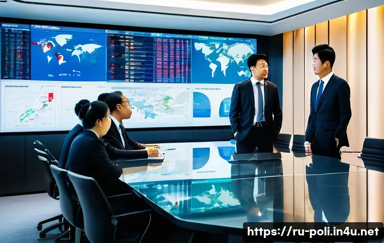 세계화와 정치경제 - A modern corporate boardroom scene in a major South Korean city skyscraper, showing diverse executiv...