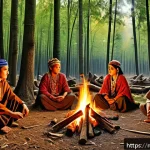 Home 23 근대 민족국가 형성 - A detailed historical scene depicting early tribal alliances in Eurasia during ancient times, showin...