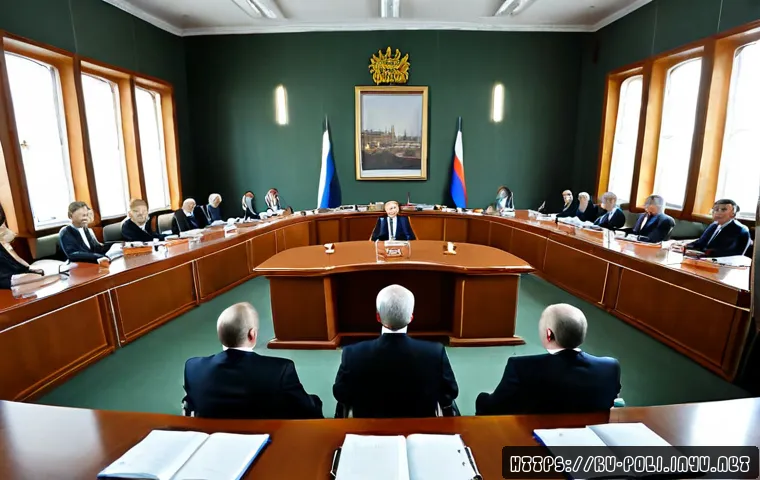 Home 15 입법부와 행정부 관계 - Photorealistic wide-angle view of a formal Russian government meeting room, elected legislators seat...